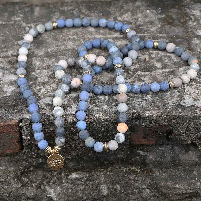 108 Natural Picasso Jasper & Blue Stone Mala Bead Bracelet