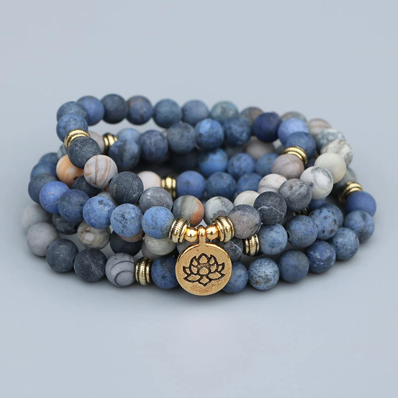 108 Natural Picasso Jasper & Blue Stone Mala Bead Bracelet