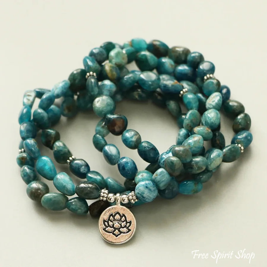 108 Natural Blue Apatite Mala Bead Bracelet