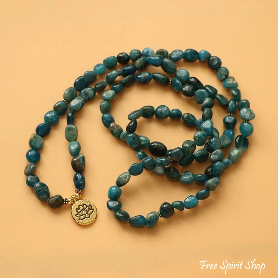 108 Natural Blue Apatite Mala Bead Bracelet