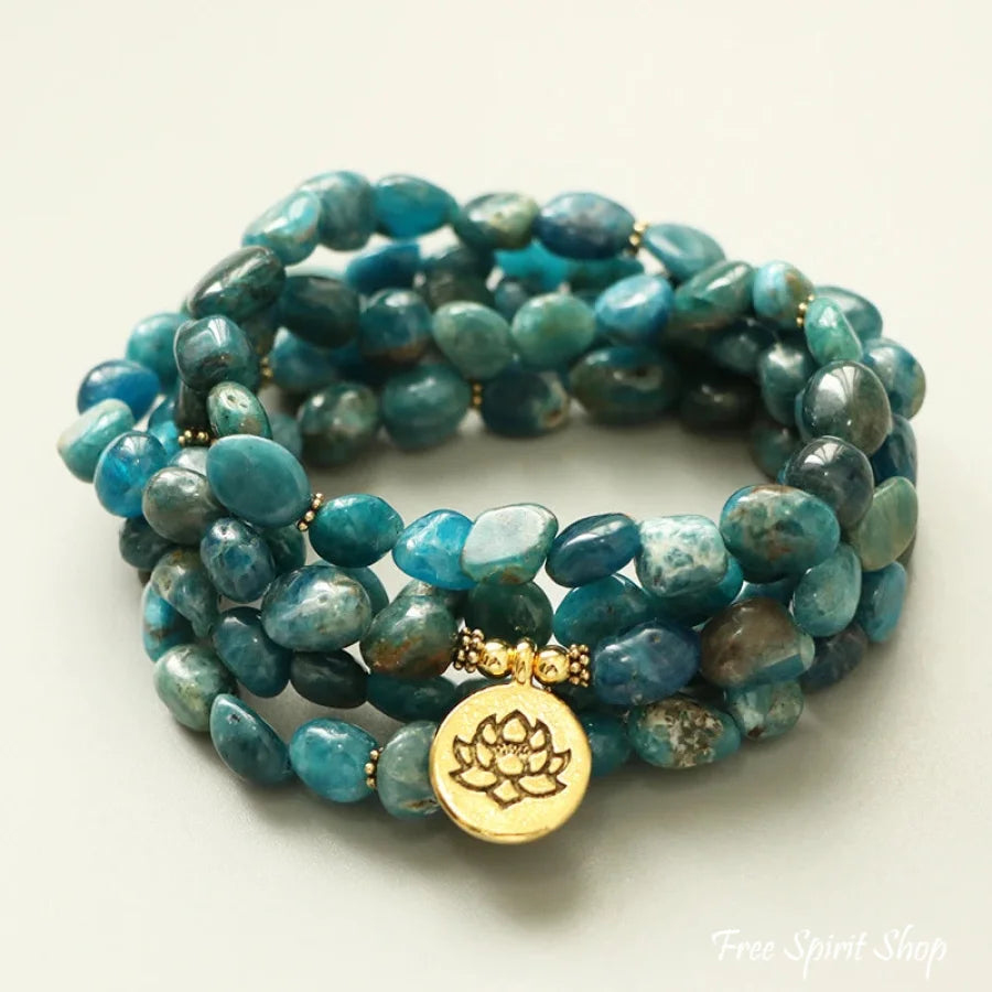 108 Natural Blue Apatite Mala Bead Bracelet