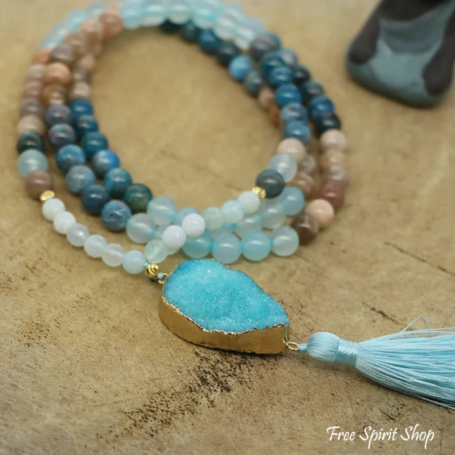 108 Natural Sunstone Apatite & Druzy Mala Bead Necklace