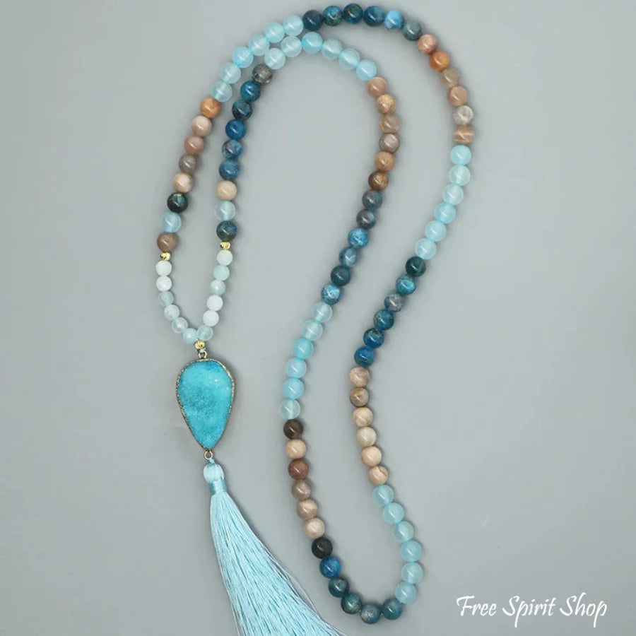 108 Natural Sunstone Apatite & Druzy Mala Bead Necklace