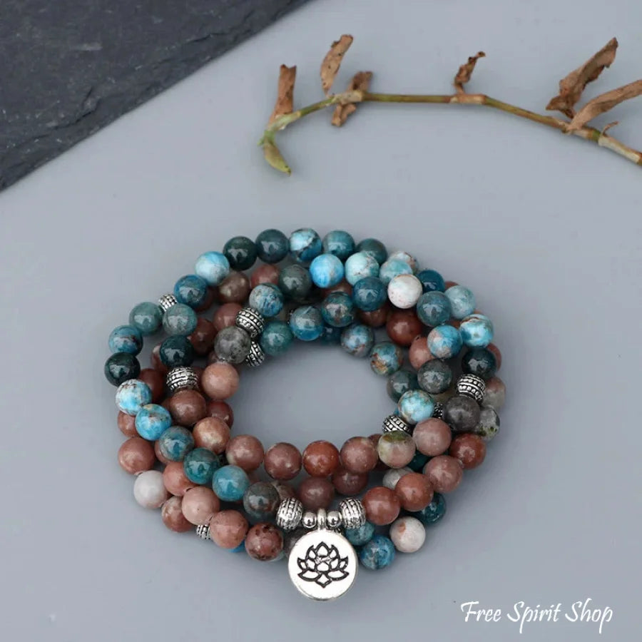 108 Natural Aqua Apatite & Red Stone Mala Bracelet