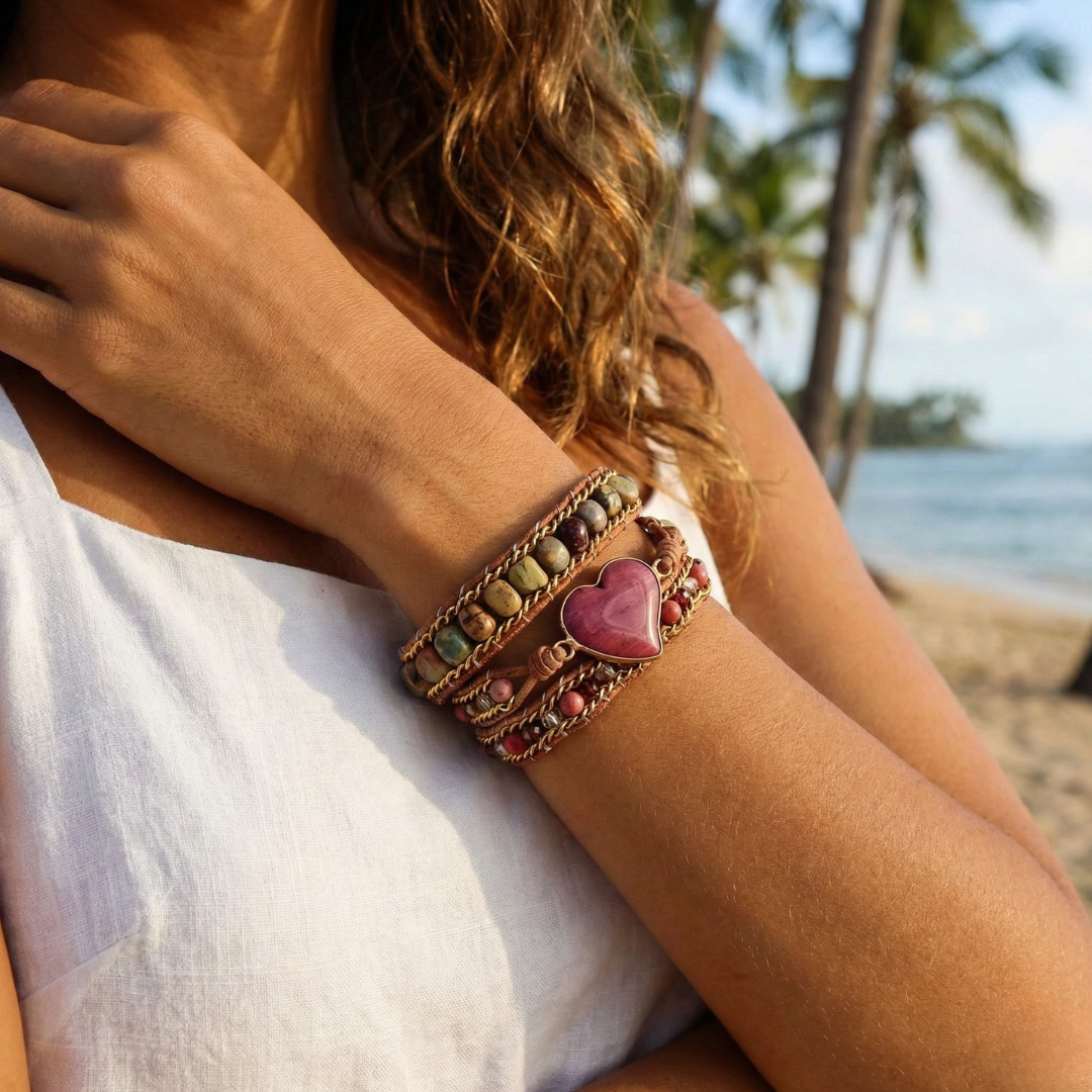 Natural Rhodonite & Jasper LOVE Wrap Bracelet