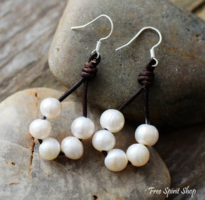 Natural Freshwater Pearl & Leather Earrings