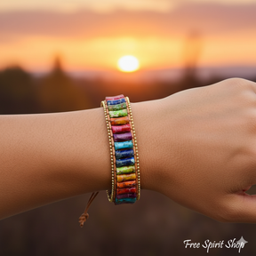 7 Chakra Jasper Tube Bead Leather Bracelet With Gold Accents Jewelry > Bracelet > Gemstone Bead Bracelet > Wrap Bracelet