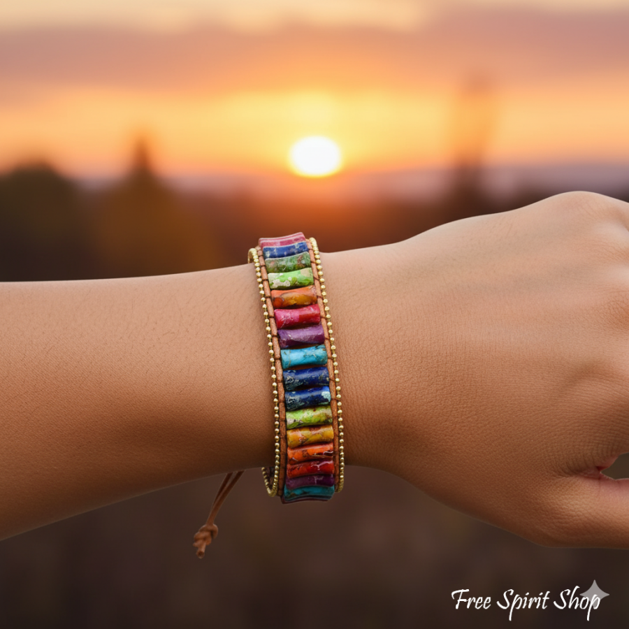 7 Chakra Jasper Tube Bead Leather Bracelet With Gold Accents Jewelry > Bracelet > Gemstone Bead Bracelet > Wrap Bracelet