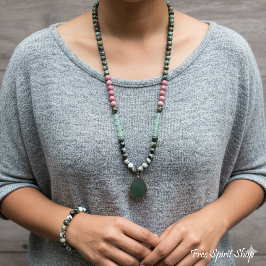 108 Natural Rhodonite Green Aventurine & African Turquoise Mala Necklace Jewelry > Gemstone Bead Necklace > 108 Mala