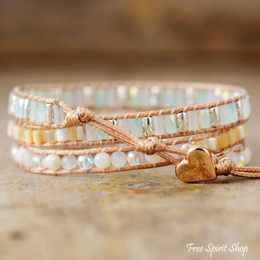 Handmade Moonstone & Pearly Rainbow Bead Wrap Bracelet Jewelry > Gemstone