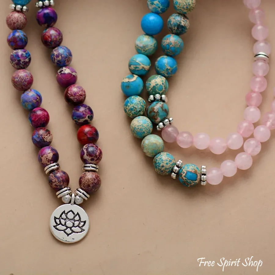 108 Rose Quartz Turquoise & Purple Jasper Mala Bead Bracelet