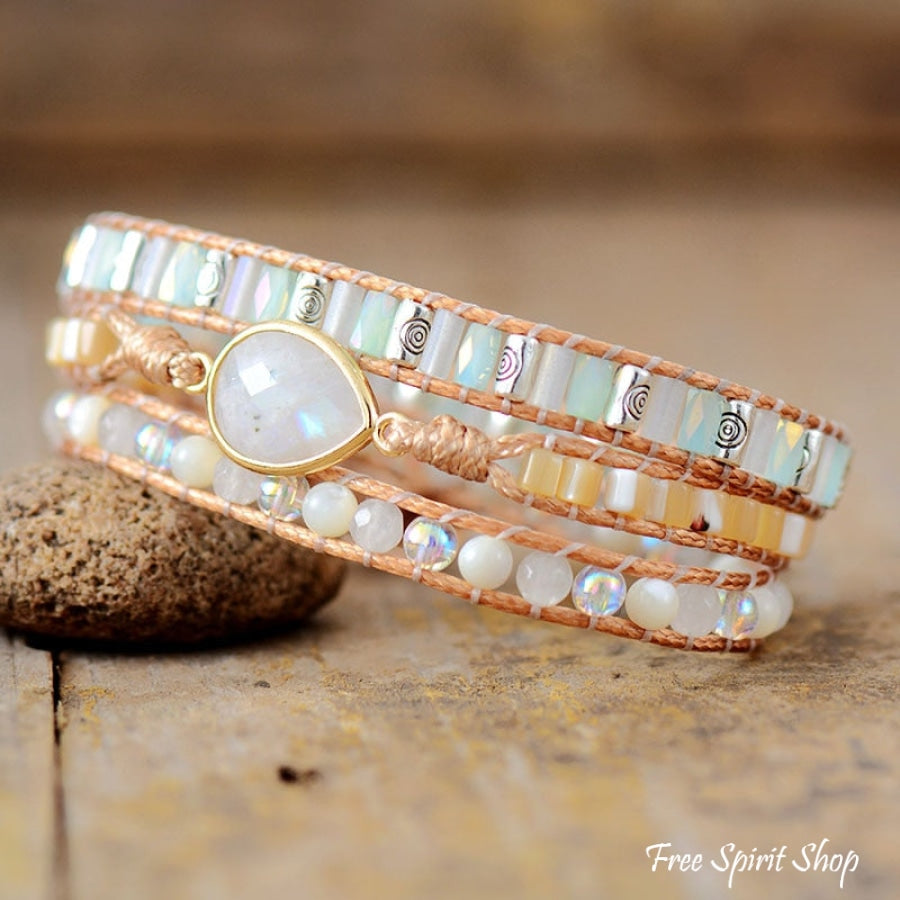 Handmade Moonstone & Pearly Rainbow Bead Wrap Bracelet Jewelry > Gemstone