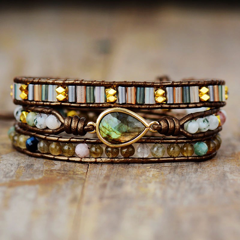 Natural Labradorite Teardrop Bronze Wrap Bracelet