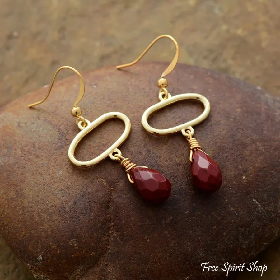 Natural Red Jasper Gold Oval Earrings Jewelry > Gemstone