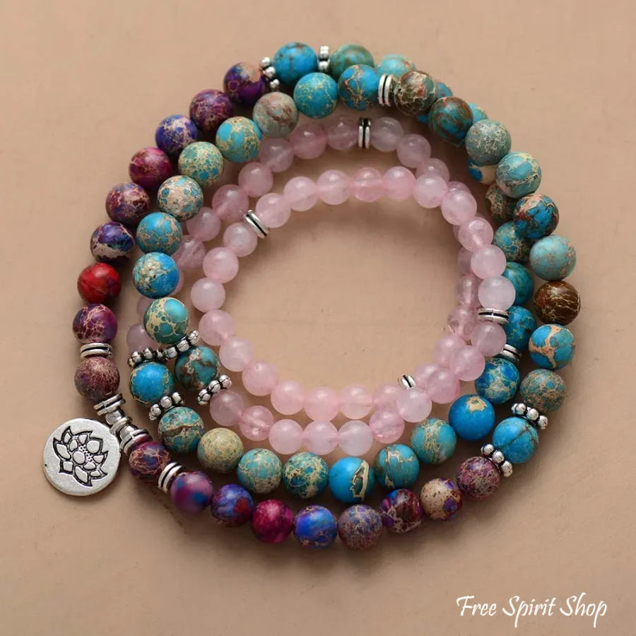 108 Rose Quartz Turquoise & Purple Jasper Mala Bead Bracelet