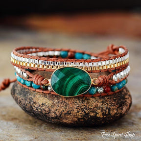 Handmade Malachite & Chain Beaded Wrap Bracelet Jewelry > Gemstone Bead