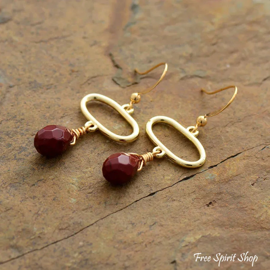 Natural Red Jasper Gold Oval Earrings Jewelry > Gemstone