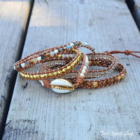 Natural Picture Jasper & Seashell Bead Wrap Bracelet Jewelry > Gemstone