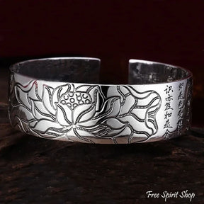 S990 Silver Buddhist Lotus & Heart Sutra Bangle Bracelet