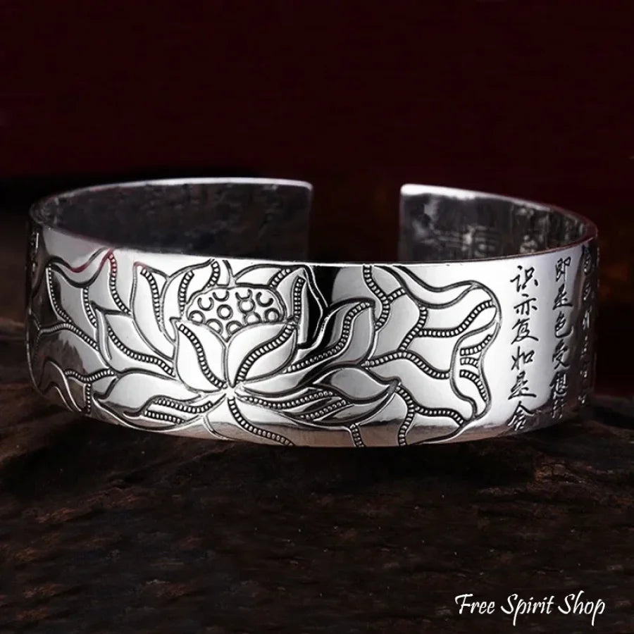 S990 Silver Buddhist Lotus & Heart Sutra Bangle Bracelet