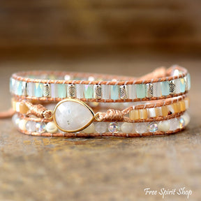 Handmade Moonstone & Pearly Rainbow Bead Wrap Bracelet Jewelry > Gemstone