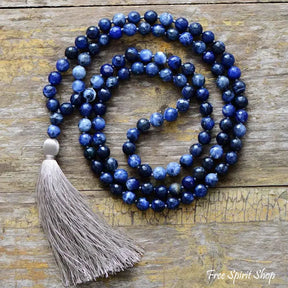 Natural Blue Sodalite & Gray Tassel Mala Bead Necklace