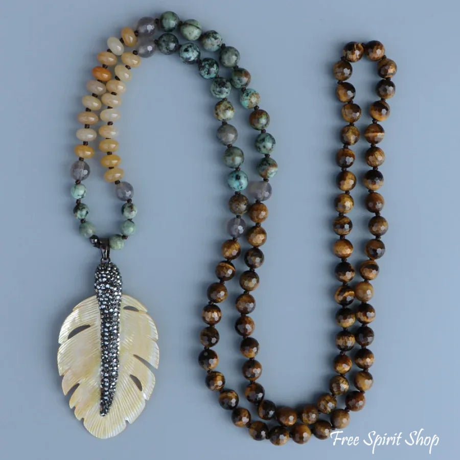 108 African Turquoise Tiger Eye Yellow Onyx & Seashell Leaf Pendant Necklace Jewelry > Gemstone