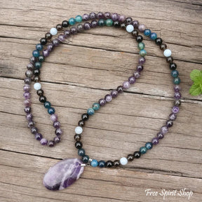 108 Amethyst, Apatite, Black Onyx, Aquamarine, & Smokey Quartz Mala Bead Necklace