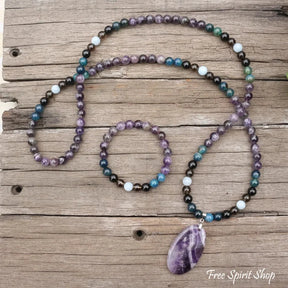 108 Amethyst, Apatite, Black Onyx, Aquamarine, & Smokey Quartz Mala Bead Necklace