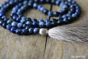 Natural Blue Sodalite & Gray Tassel Mala Bead Necklace