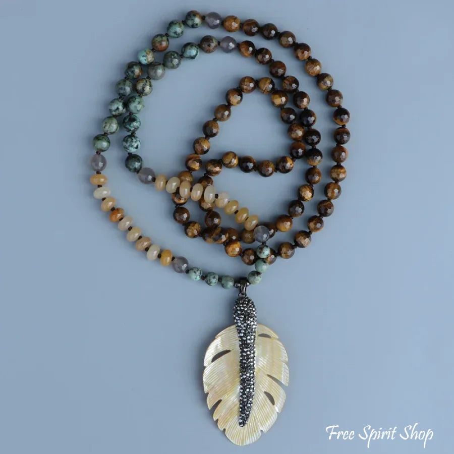 108 African Turquoise Tiger Eye Yellow Onyx & Seashell Leaf Pendant Necklace Jewelry > Gemstone