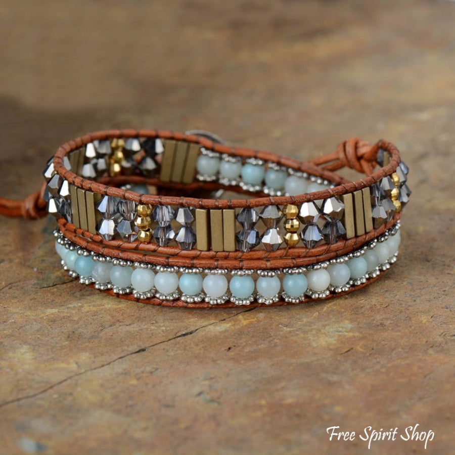 Handmade Natural Amazonite & Crystal Bead Wrap Bracelet