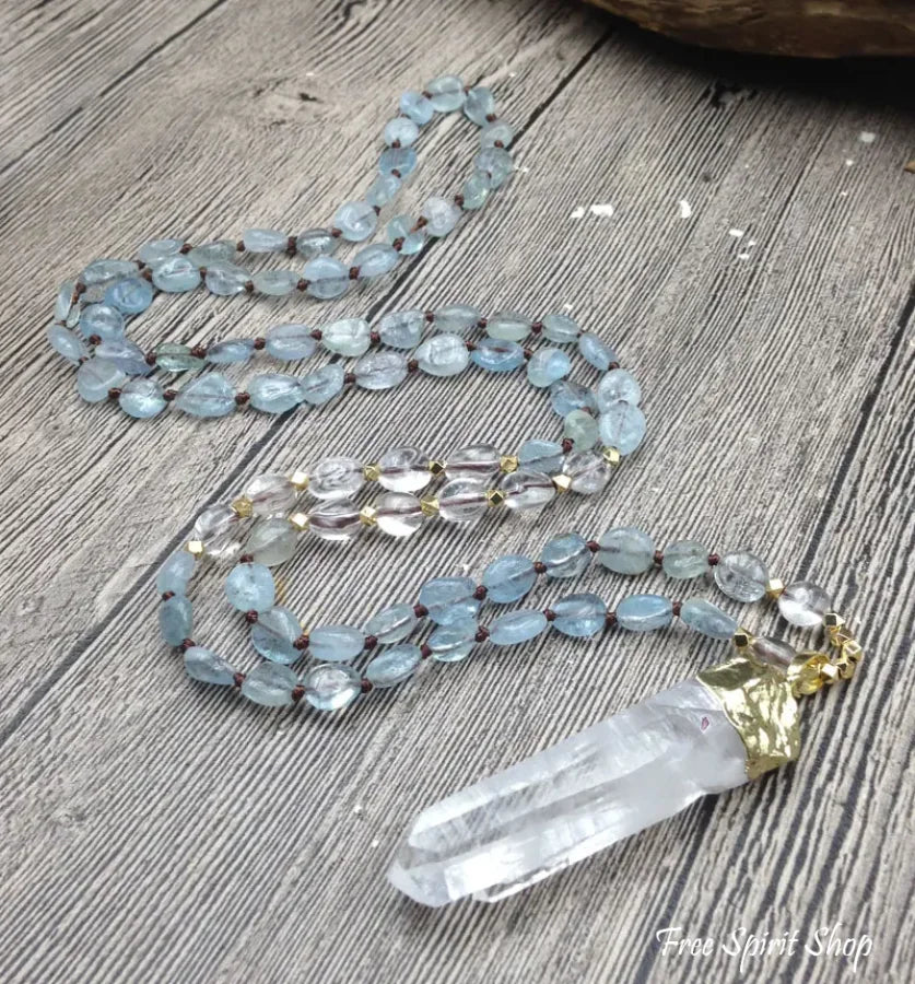 Natural Aquamarine & Clear Quartz Gemstone Necklace Jewelry > Bead