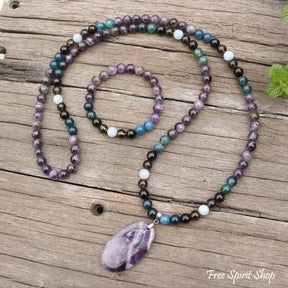 108 Amethyst, Apatite, Black Onyx, Aquamarine, & Smokey Quartz Mala Bead Necklace