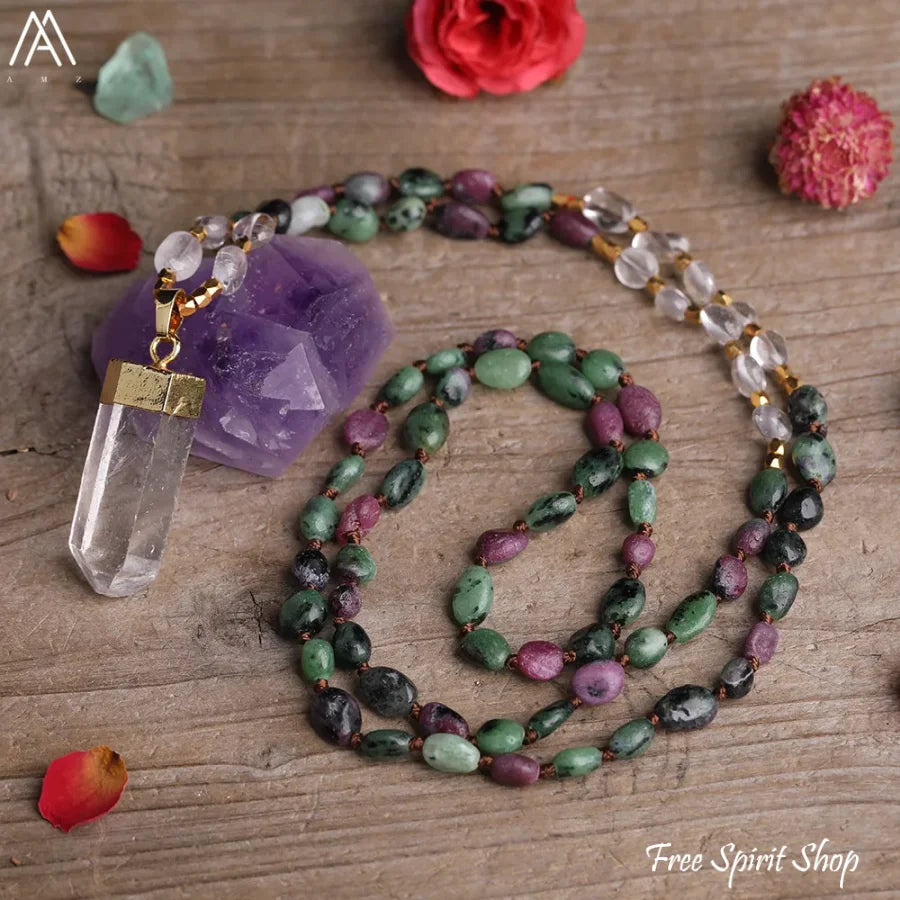 Natural Green Aventurine & Clear Quartz Necklace - Jewelry > Gemstone Bead Necklace