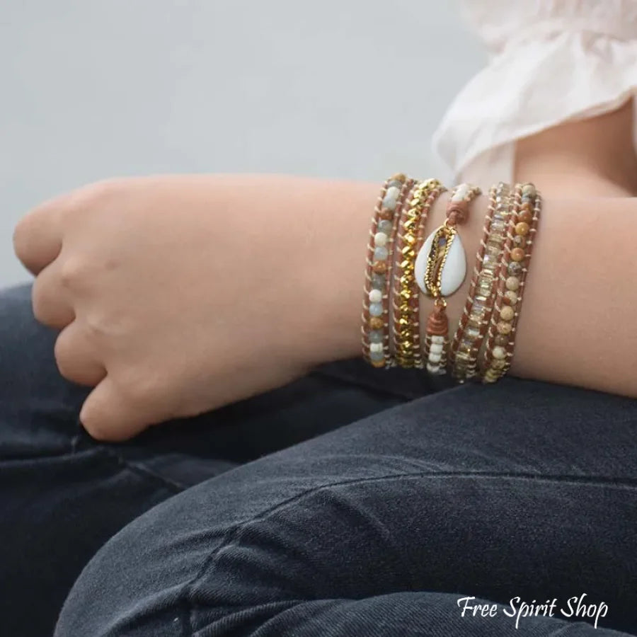 Natural Picture Jasper & Seashell Bead Wrap Bracelet Jewelry > Gemstone