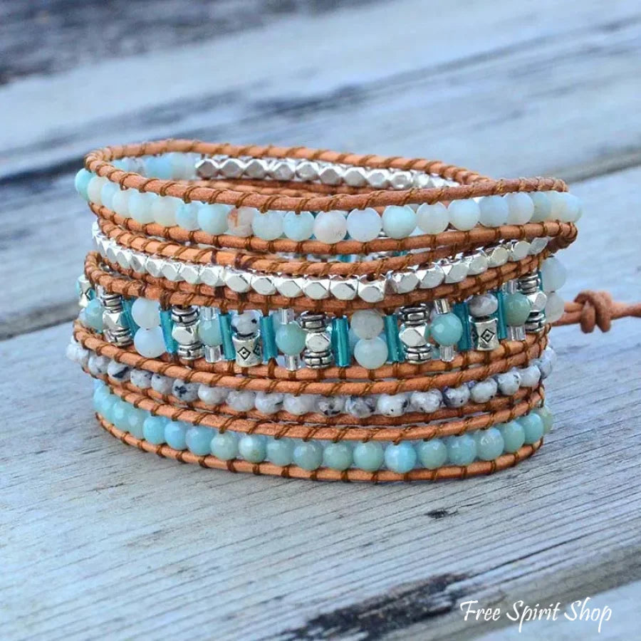 Natural Amazonite & Rutilated Quartz Wrap Bracelet Jewelry > Gemstone Bead