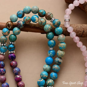 108 Rose Quartz Turquoise & Purple Jasper Mala Bead Bracelet