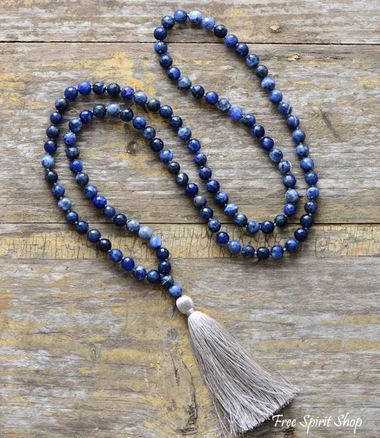 Natural Blue Sodalite & Gray Tassel Mala Bead Necklace