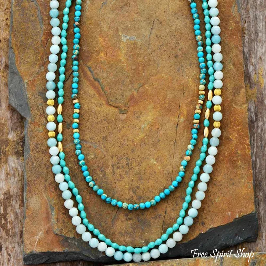 Natural Amazonite & Turquoise Jasper Multi Layer Bead Necklace