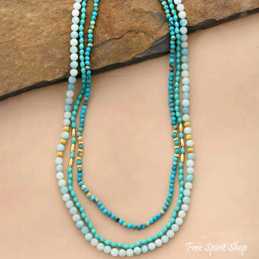 Natural Amazonite & Turquoise Jasper Multi Layer Bead Necklace