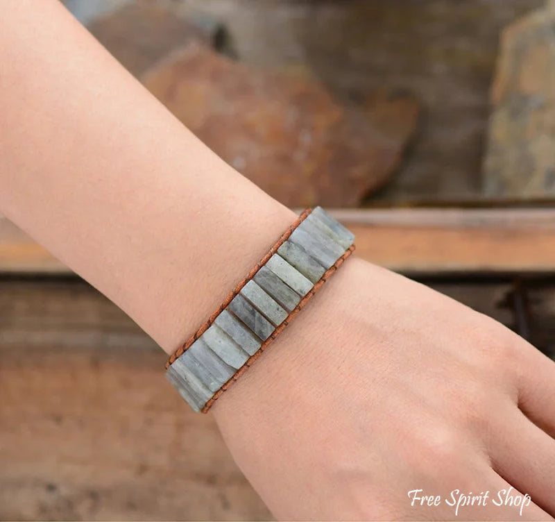 Natural Labradorite Gemstone Leather Wrap Bracelet