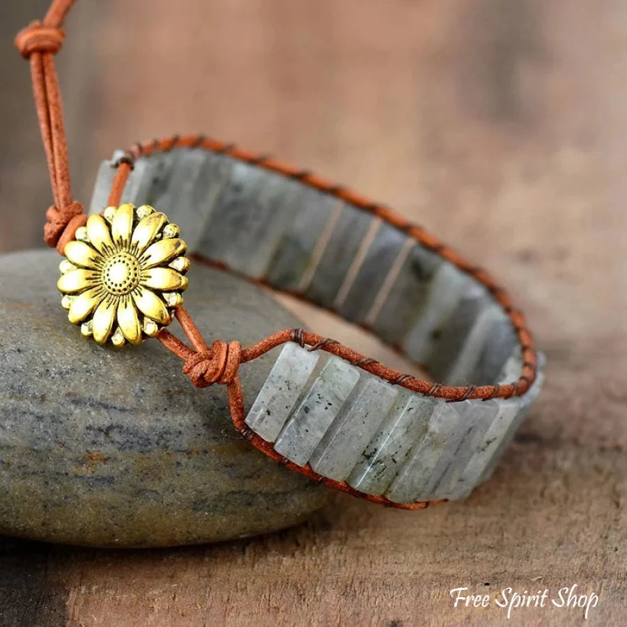 Natural Labradorite Gemstone Leather Wrap Bracelet