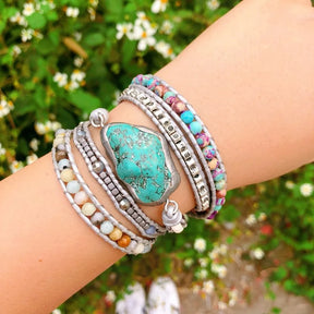 Handmade Turquoise, Jasper & Amazonite Leather Wrap Bracelet