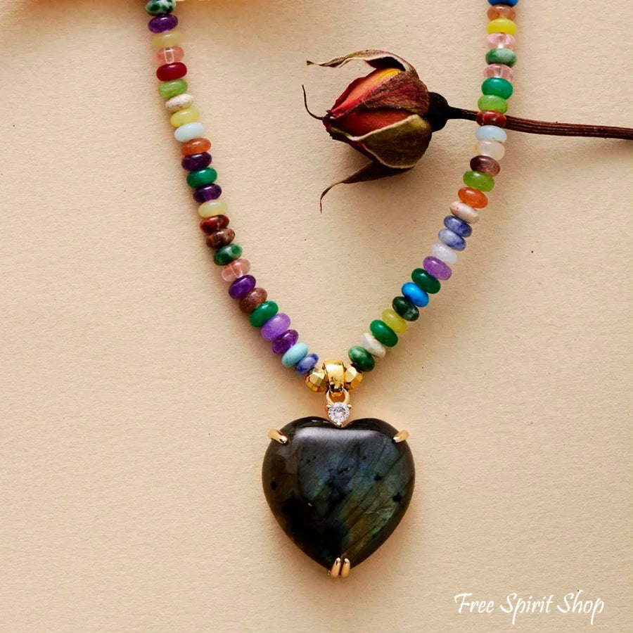 Natural Labradorite Heart & Mixed Bead Necklace