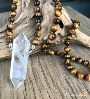 108 Natural Tiger Eye & Clear Quartz Wandpoint Mala Bead Necklace