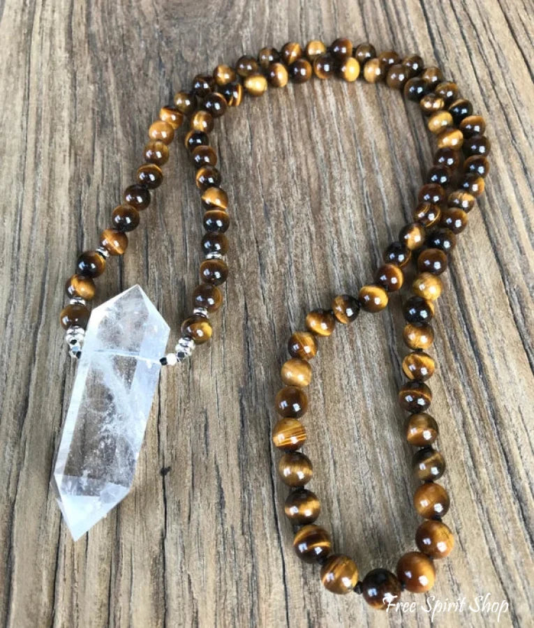 108 Natural Tiger Eye & Clear Quartz Wandpoint Mala Bead Necklace