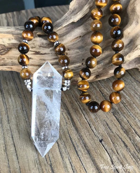 108 Natural Tiger Eye & Clear Quartz Wandpoint Mala Bead Necklace