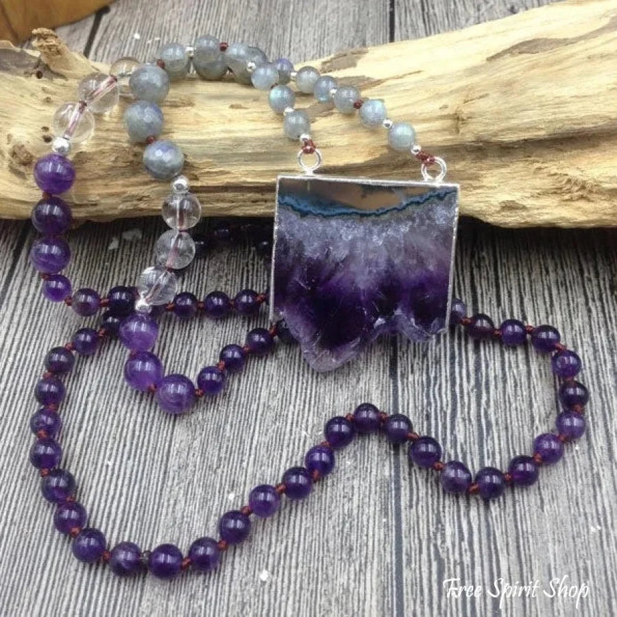 Natural Amethyst Druzy & Labradorite Stone Beaded Necklace