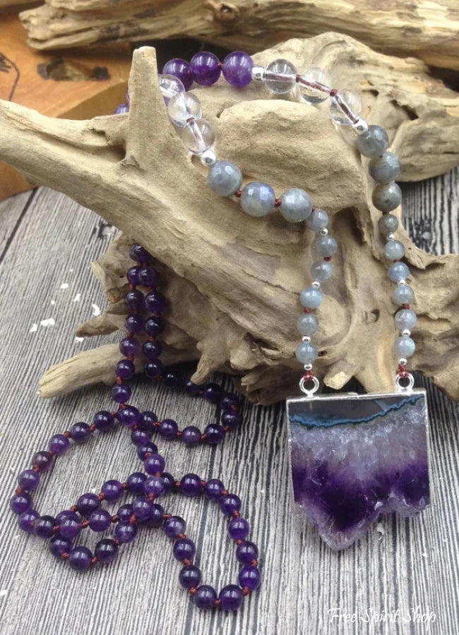 Natural Amethyst Druzy & Labradorite Stone Beaded Necklace